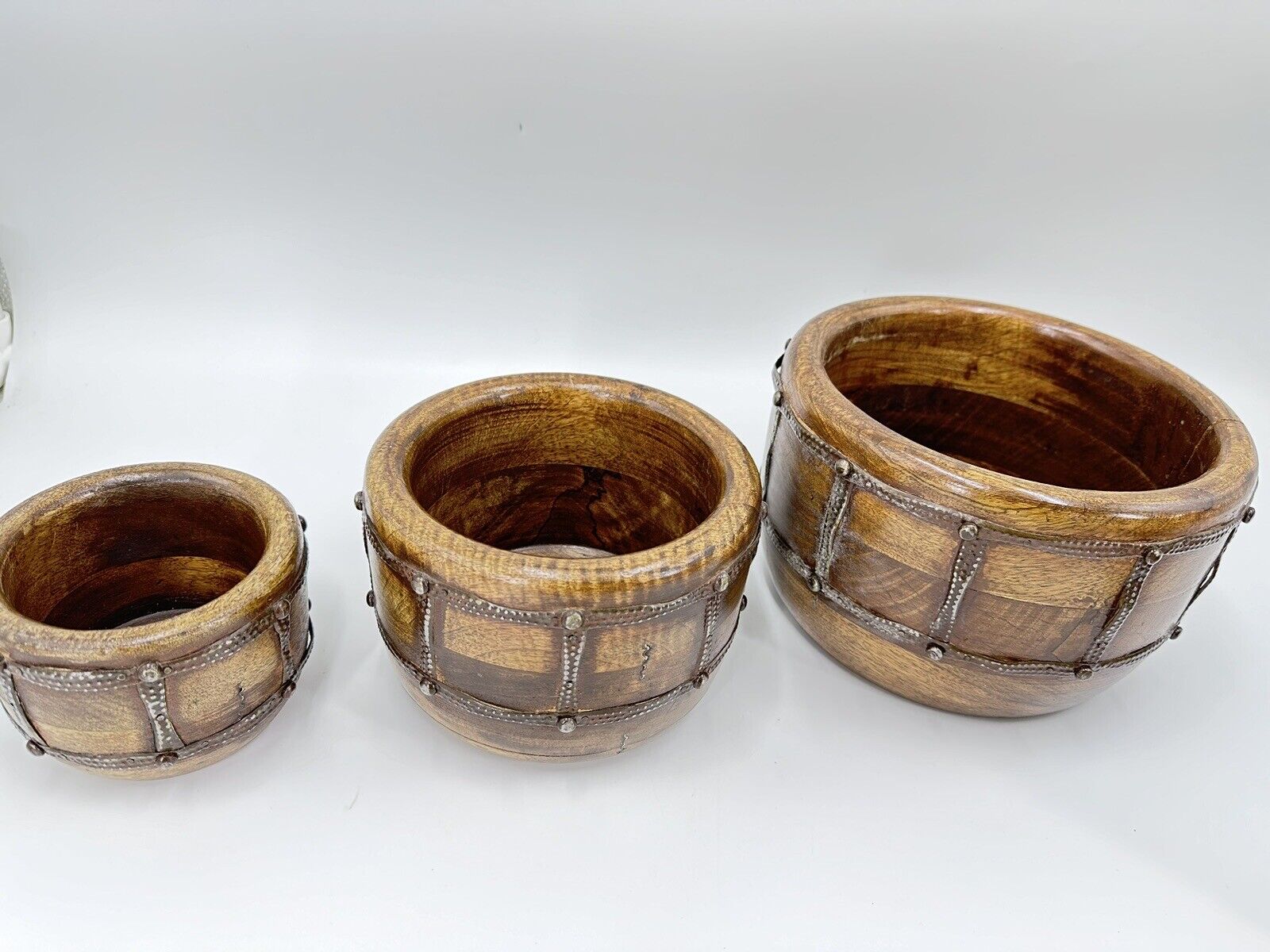 Vintage Nesting solid wood Set Of 3  Bowls Vase Metal detail hand carved decor