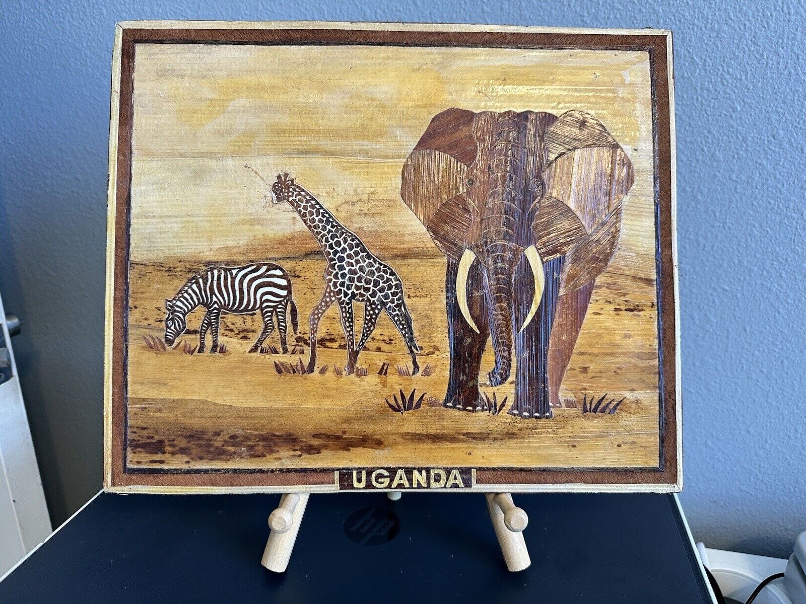 Vintage African Handmade Wooden Wall Art Uganda Zebra Elephant Giraffe w/ Easel