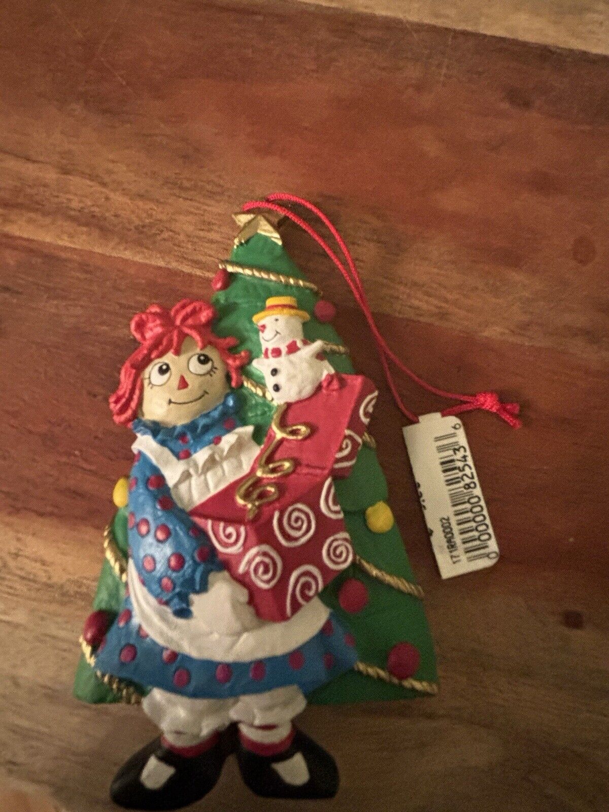 Raggedy Ann with Christmas Tree & Raggedy Andy with Snowman Vintage Ornaments 
