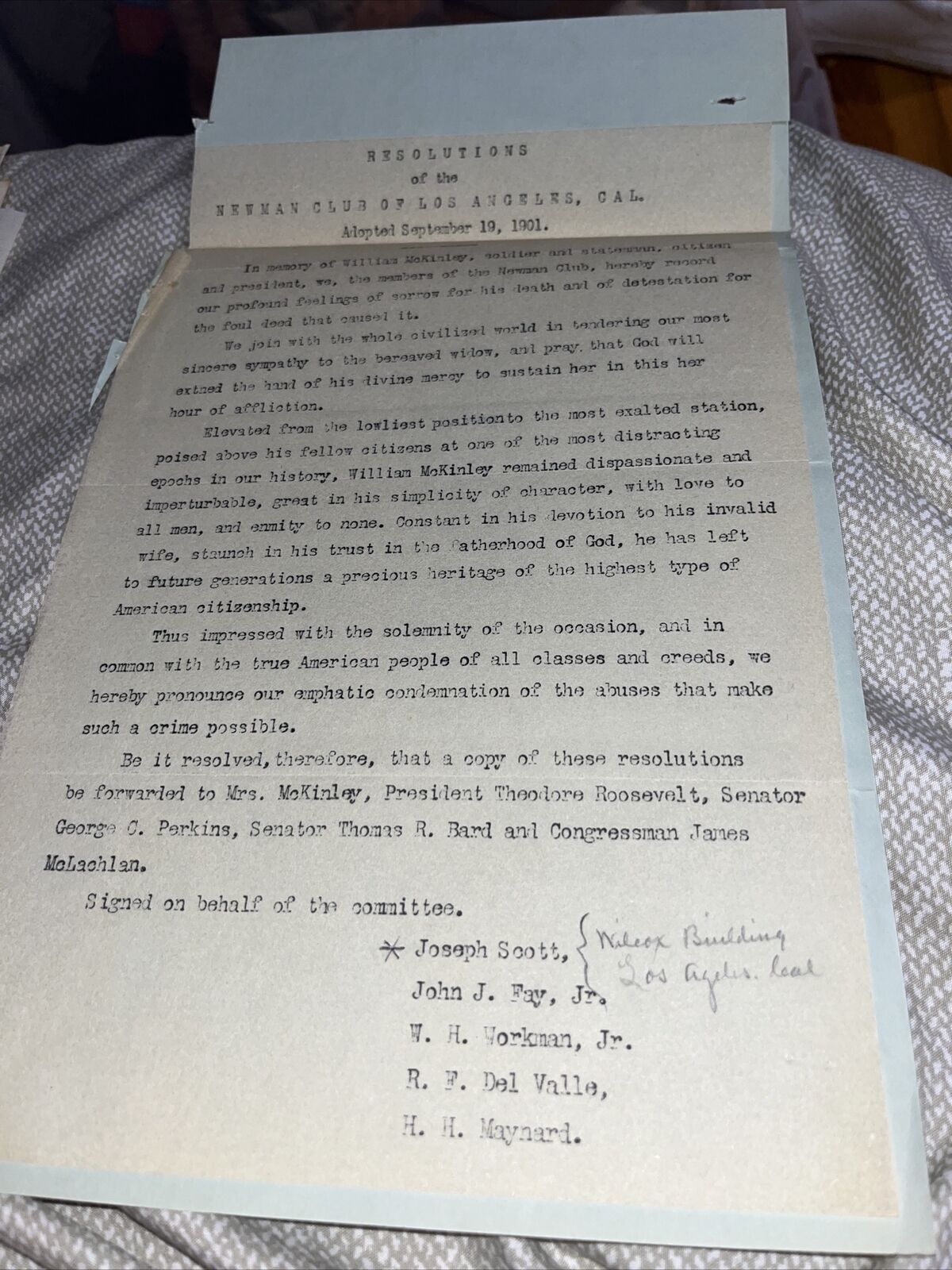 1901 Los Angeles CA Newman Club Resolution on President McKinley Assassination