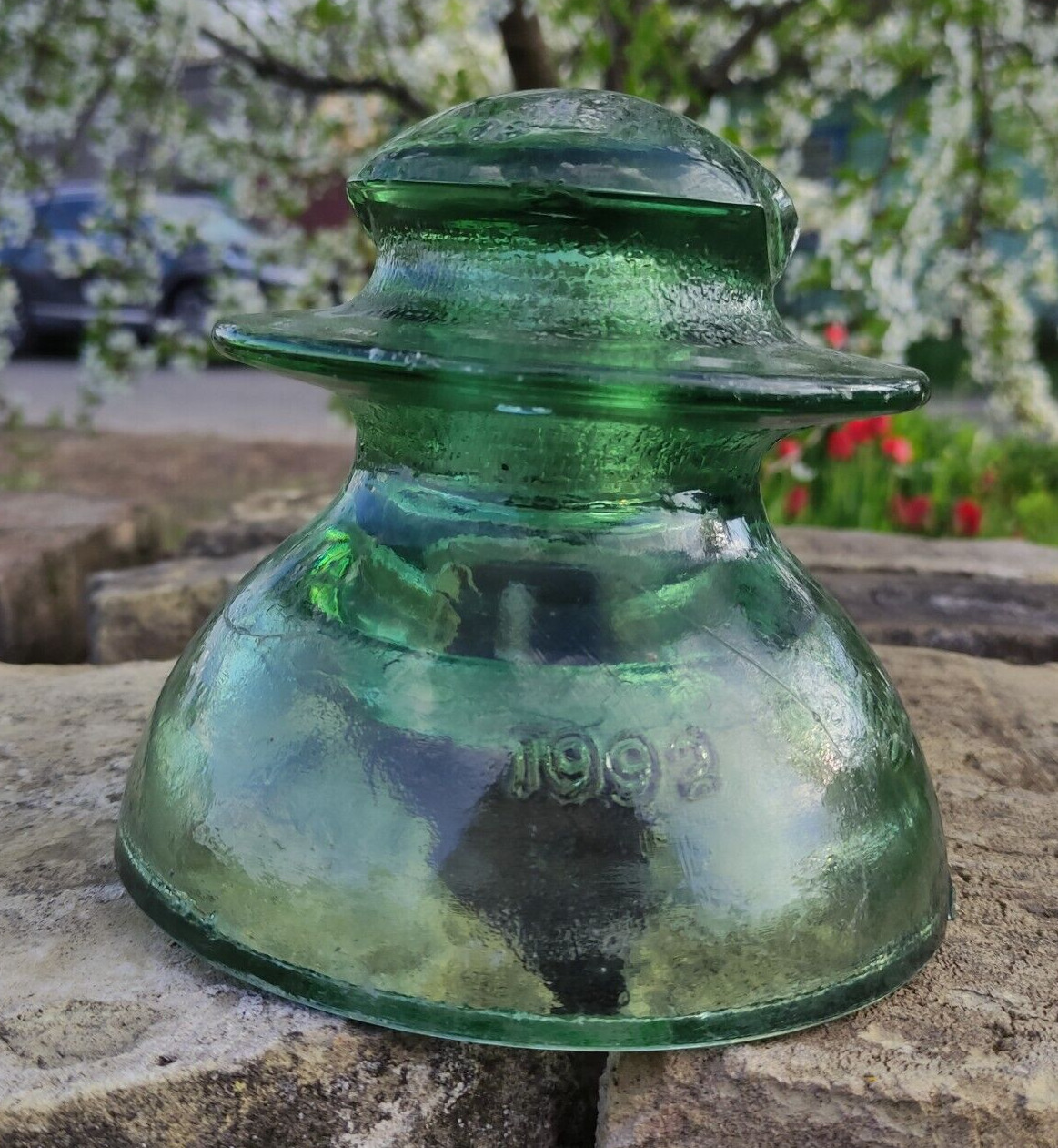 Vintage Glass INSULATOR *ShS 10D* Antique Green 1992 H -5.70\