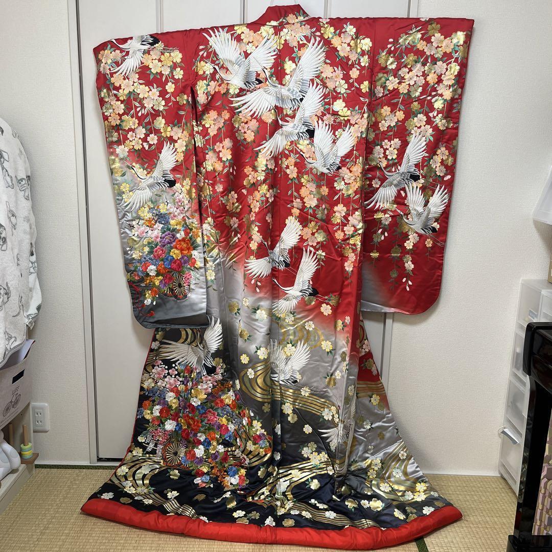 Iro-uchikake Kimono gold red black Flower Tsuru Crane Japanese Traditional