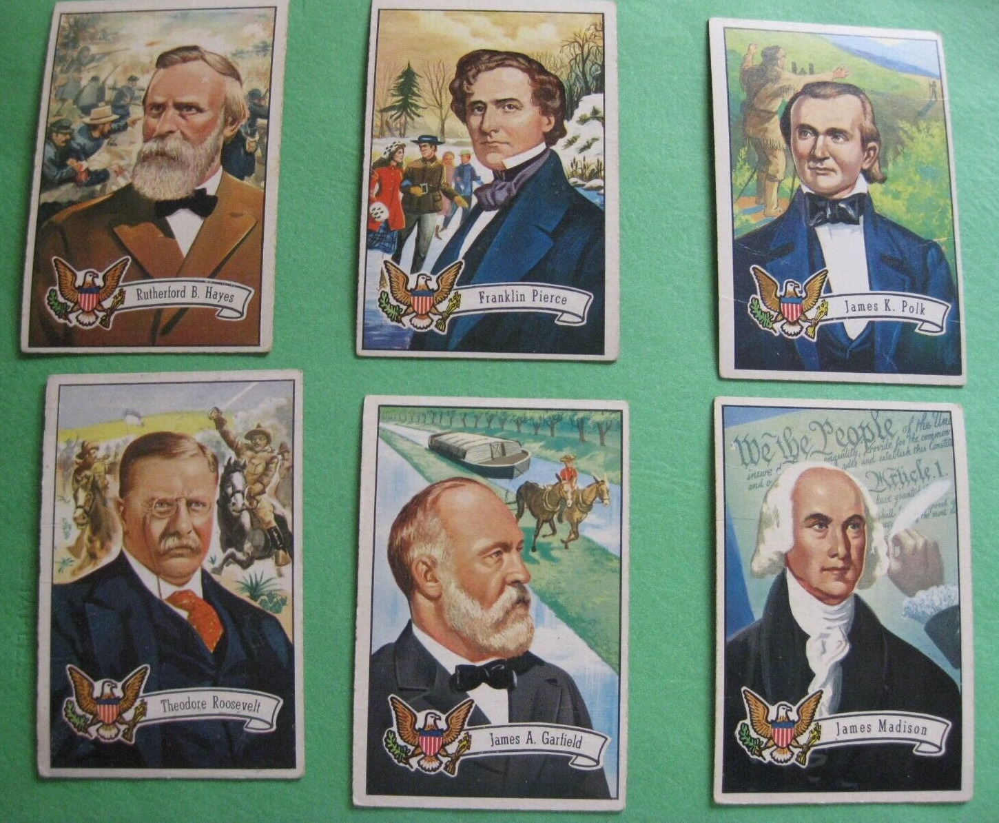 1956 Topps U.S. Presidents (6) Lot. Roosevelt, Madison, Hayes, Polk, Garfield +1