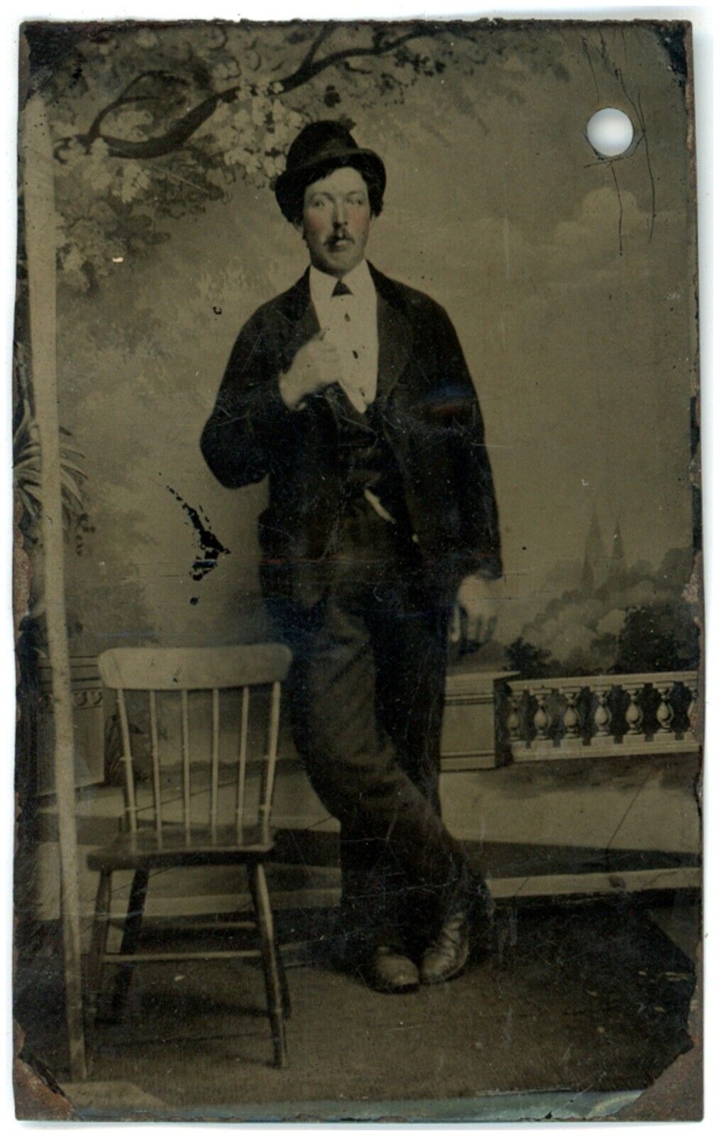 CIRCA 1860'S 1/6 Plate Hand Tinted TINTYPE Man in Suit & Tie Wearing Hat