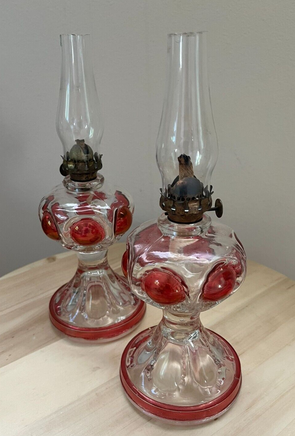 Antique Pair of Tiffin Ruby Red Flashed Bullseye Miniature Kerosene Oil Lamps