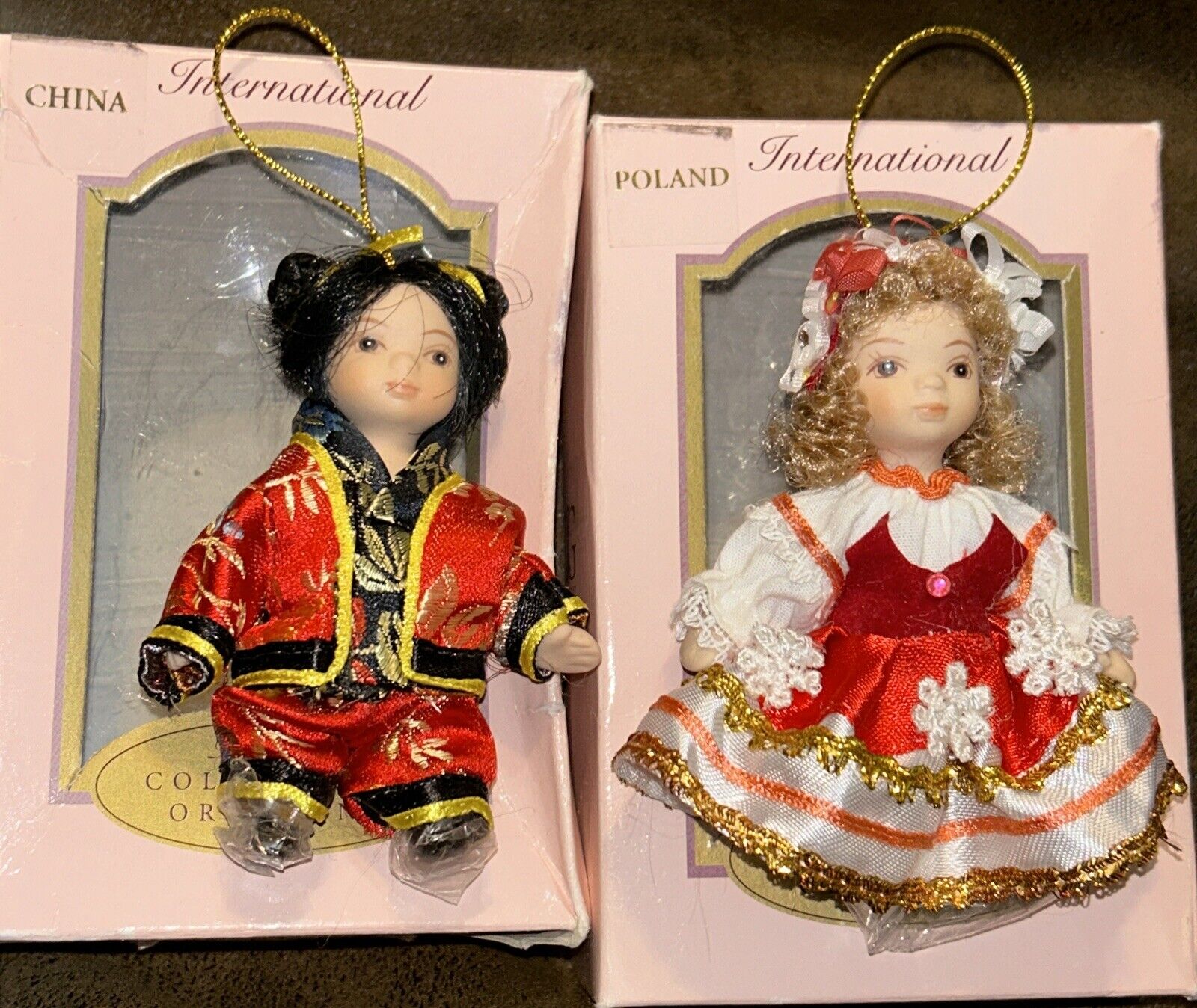 Vtg DG Creations Hand Painted China & Poland Doll Christmas Ornaments Set of 2