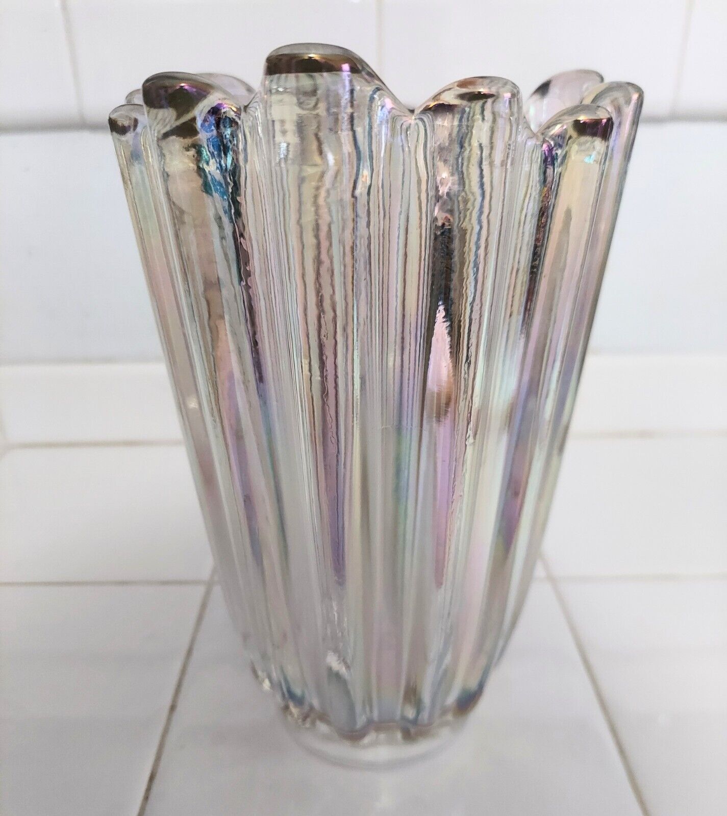 Vintage Clear Carnival Glass Tall Ribbed Vase