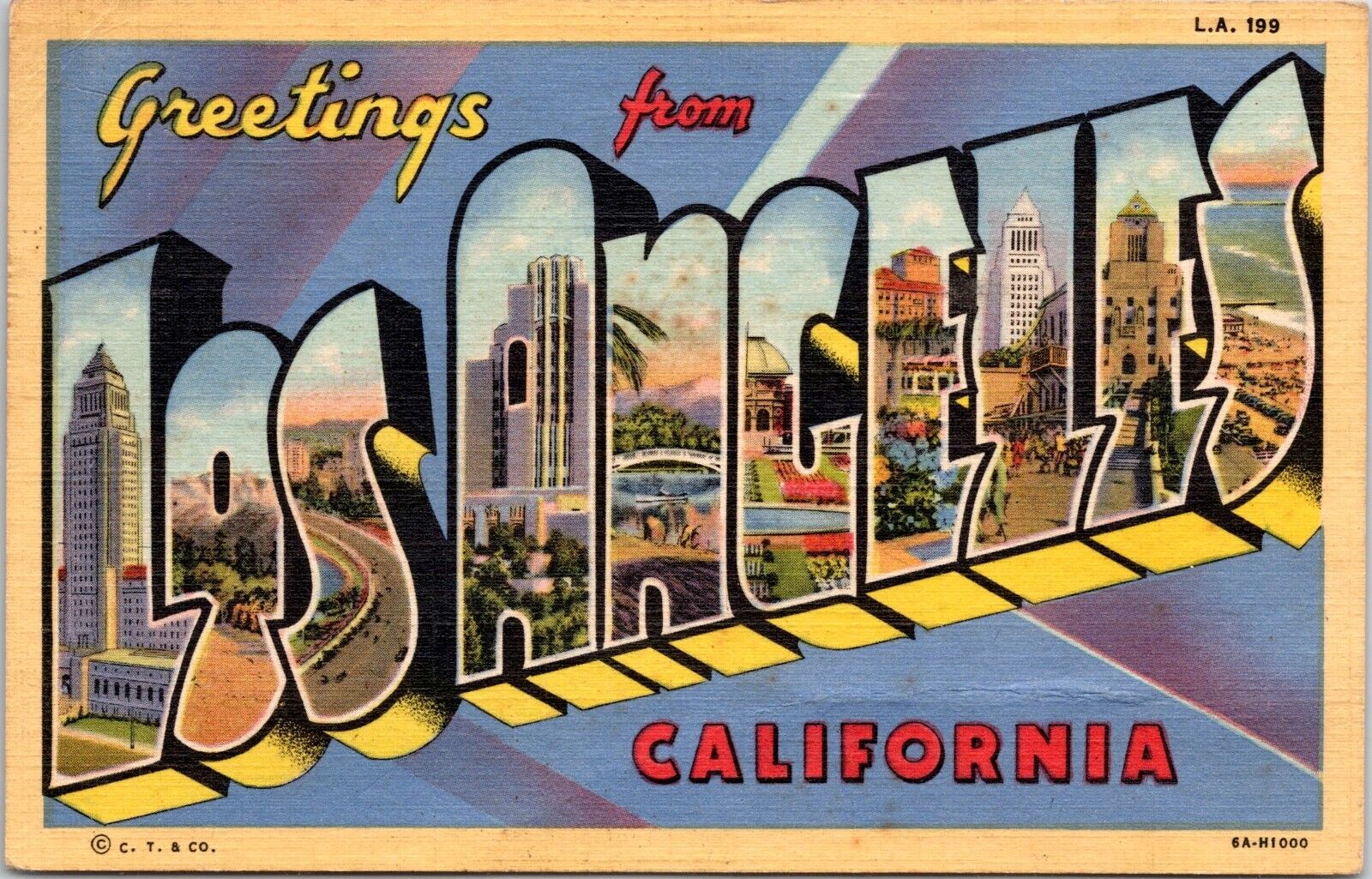 Large Letter Greetings from Los Angeles California - 1936 Linen Postcard