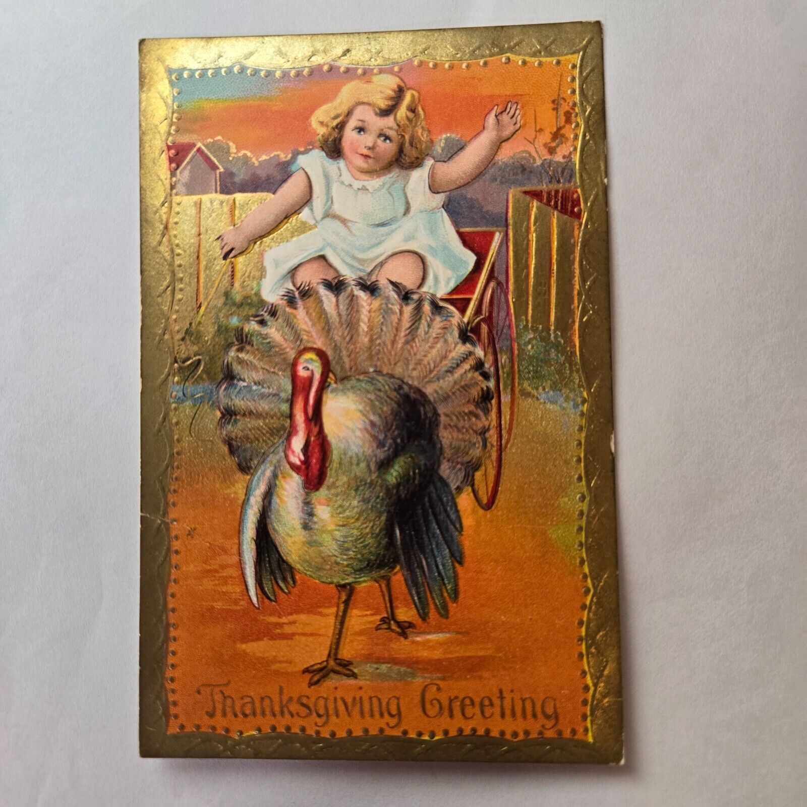 Turkey Pulling Cart with Girl Thanksgiving Postcard  mailed Washington MI 1909