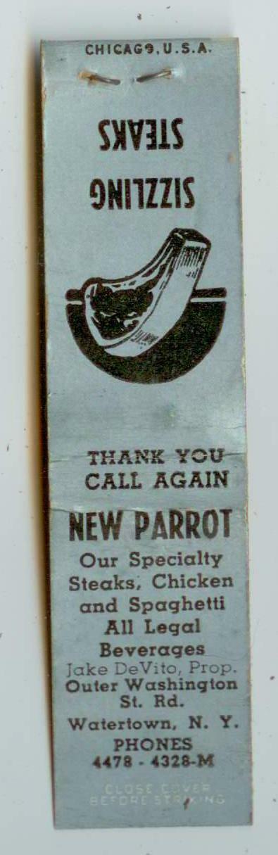 c1930s Watertown New York New Parrot restaurant matchbook - All Legal Beverages