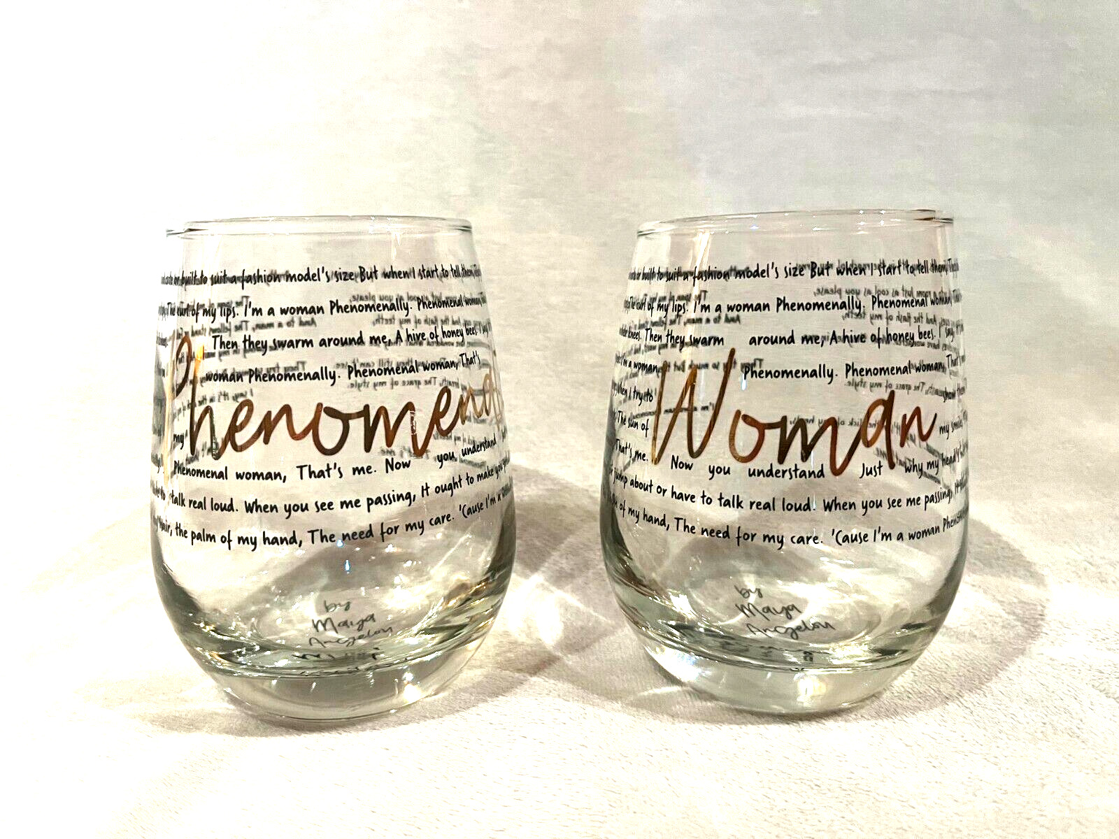 Phenomenal Woman Poem By Maya Angelou All Over Script Wine Glasses / Goblets x 2