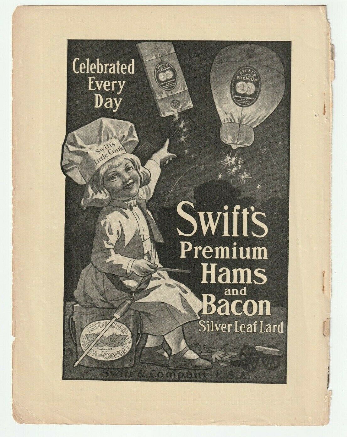 SWIFT\'S PREMIUM 1904 Magazine AD ~ JULY 4th FIREWORKS ~ Hams & Bacons