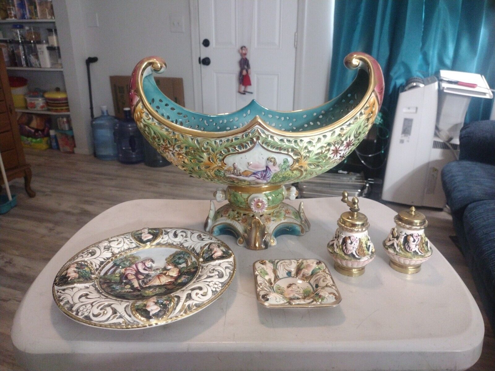 Capodimonte Hand Painted Raised Relief Gilded Set-Lg Bowl, Shakers, Plate, Sm Pl