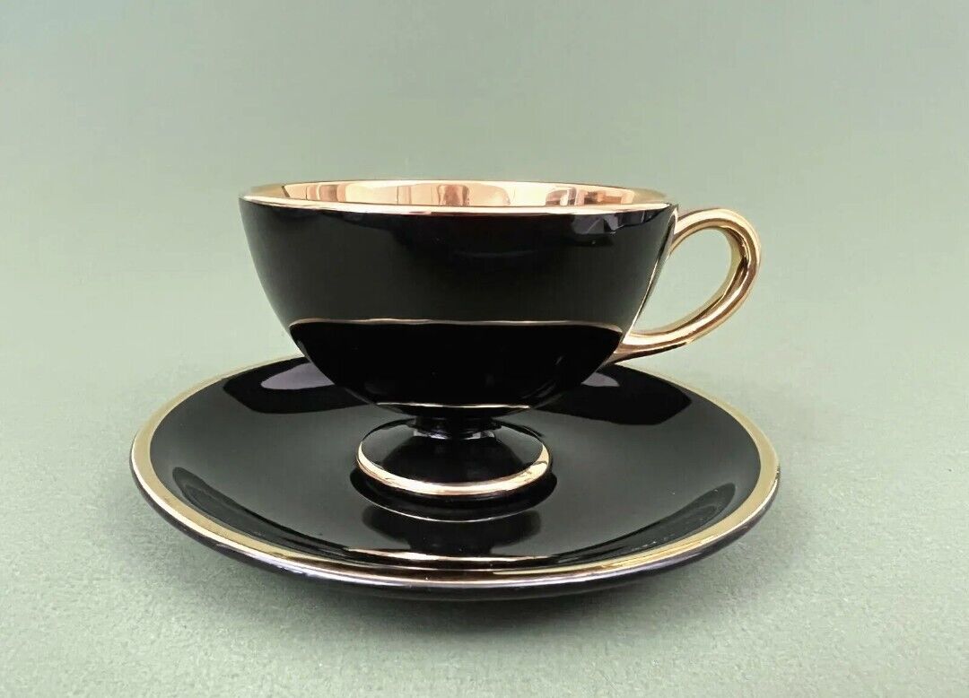 2 Pc 1930 Egersund Norway Norsk Flint Heavy Gold Gilt Black Porcelain Cup Saucer