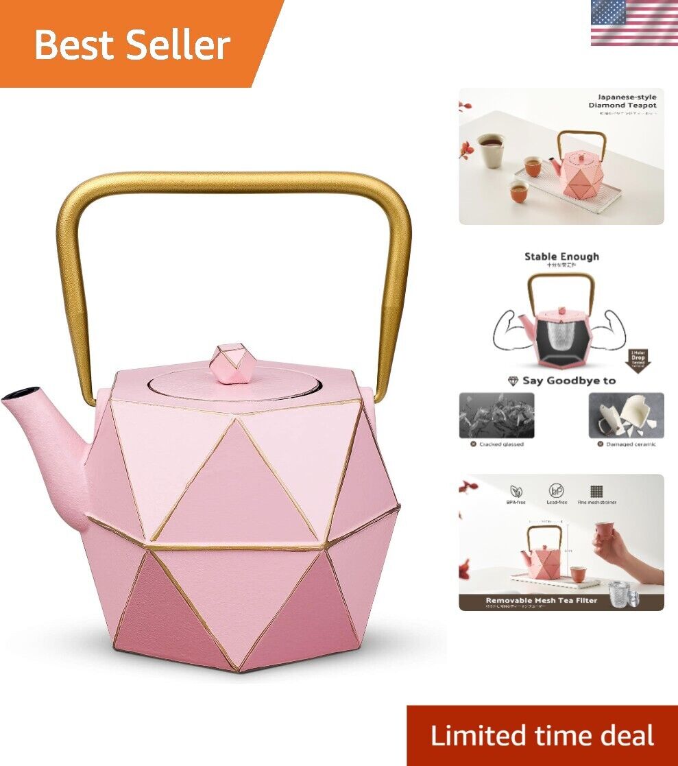 Modern-Vintage Cast Iron Teapot with Ergonomic Handle - Pink Tea Kettle 1200 ml