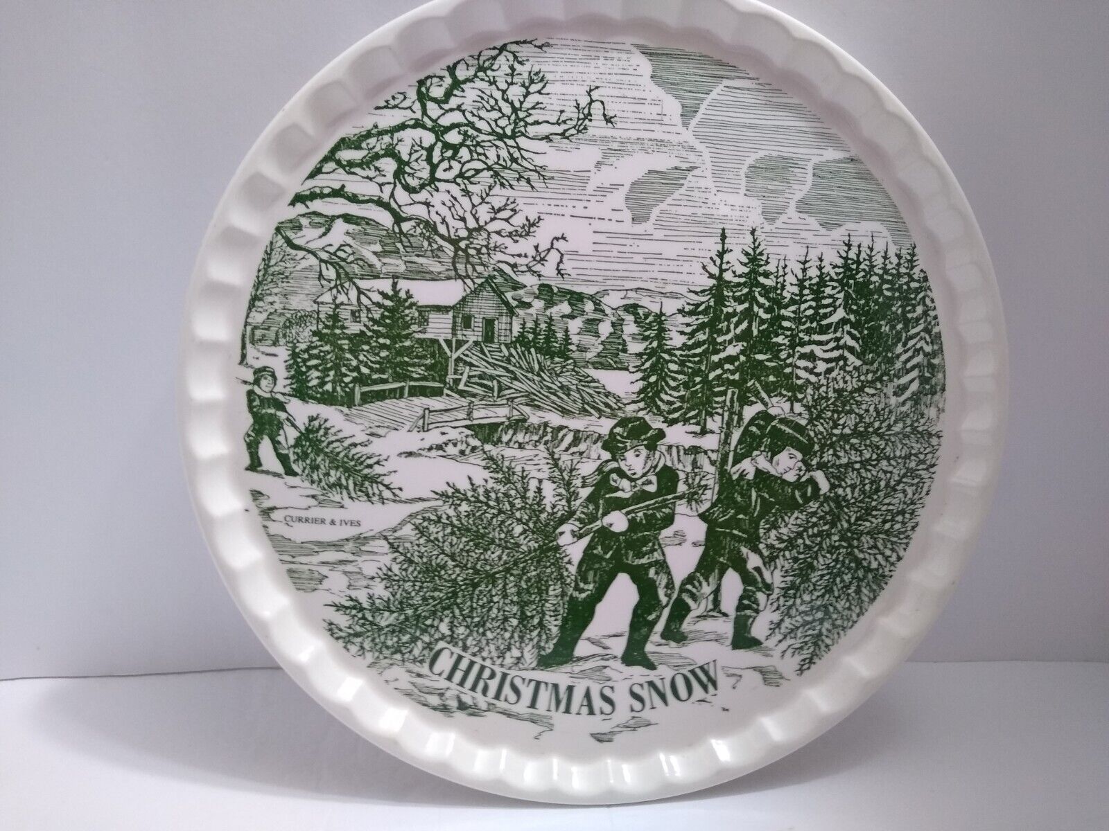 Vintage Currier & Ives Replica Christmas Snow 11.5” Green Serving Plate READ