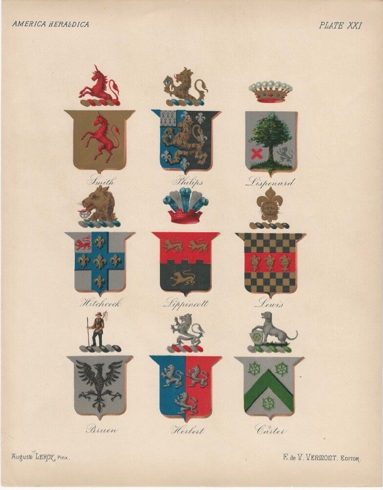 1886 America Heraldica - Colonial American Coats of Arms Chromo Heralrdy Print