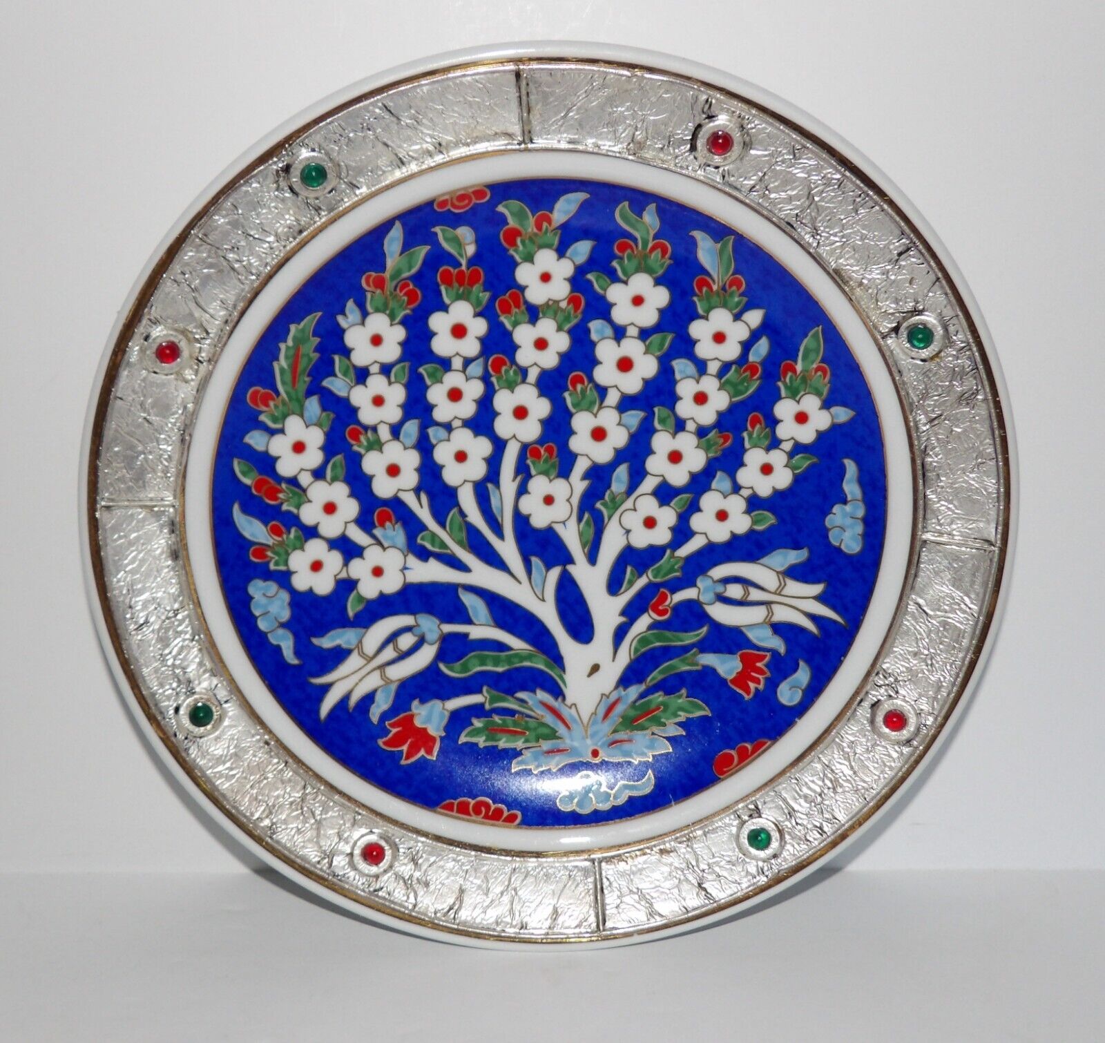 AUTHENTIC 2005 KUTAHYA PORSELEN TREE OF LIFE SILVER GOLD STONES HAND MADE PLATE