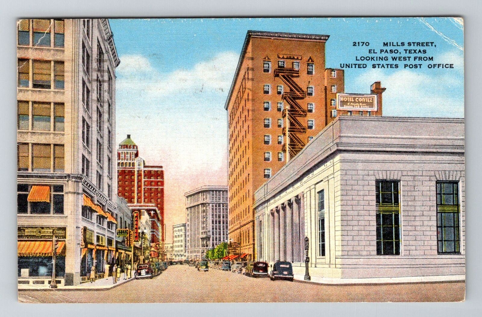 El Paso TX-Texas, Mills Street, US Post Office Vintage c1949 Souvenir Postcard