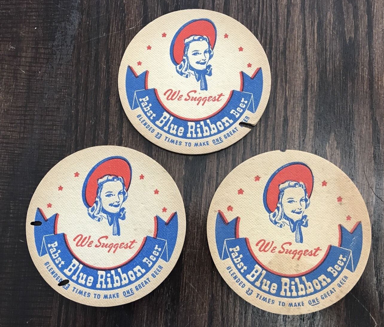 3 Vintage 2-Sided PABST BLUE RIBBON BEER Cardboard Coasters We Suggest PBR Beer