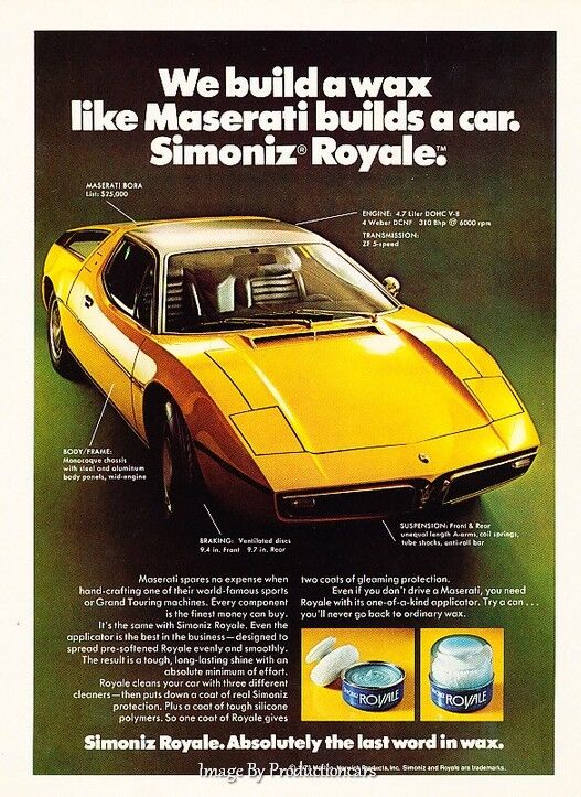 1973 Maserati Bora Simoniz Wax -  Classic Vintage Advertisement Ad A63-B