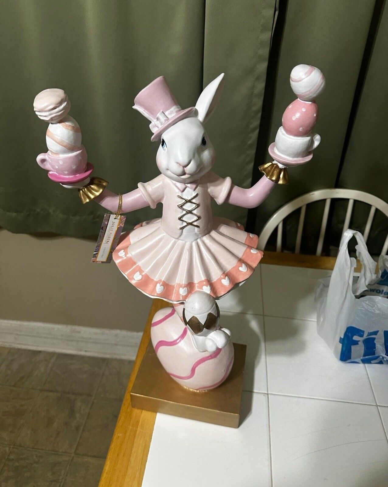 Easter Bunny Ballerina Juggling Balancing Teapots and Teacups 22 inches