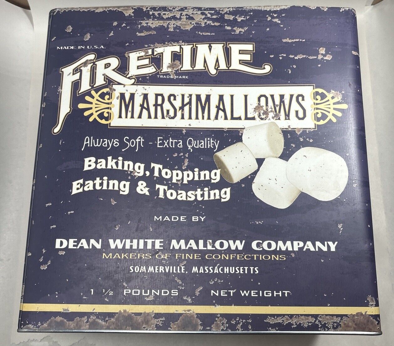 Firetime Marshmallows Tin Blue Container Food Safe/Recipe on Side 12x12x8 No Lid