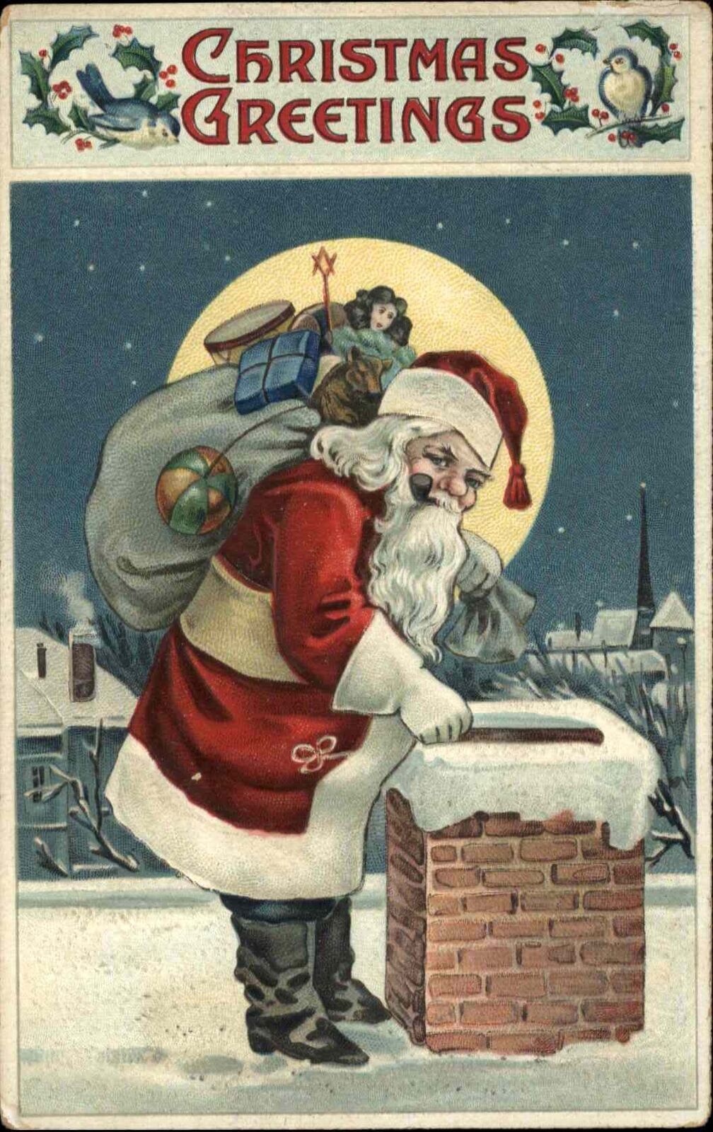 Christmas Santa Claus at Chimney Toys Dolls c1910 Vintage Postcard