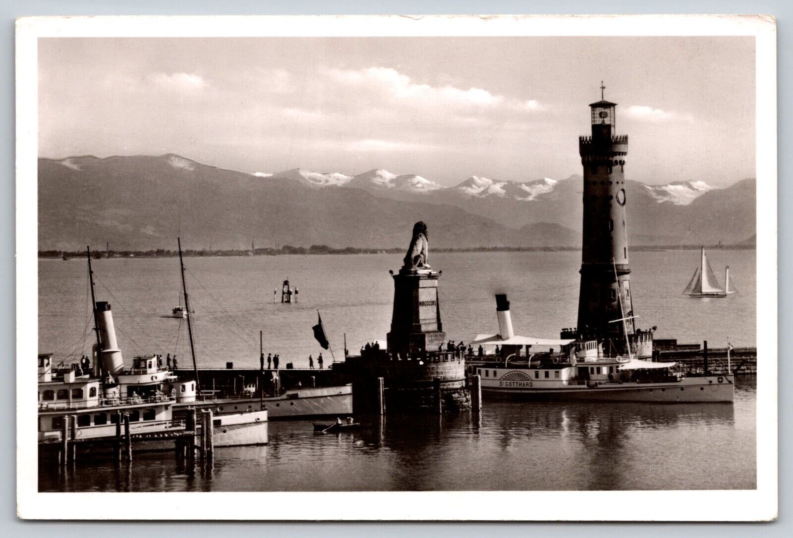 Postcard RPPC Germany Lindau Lighthouse Lake Constance Harbor Entrance c1954 7X