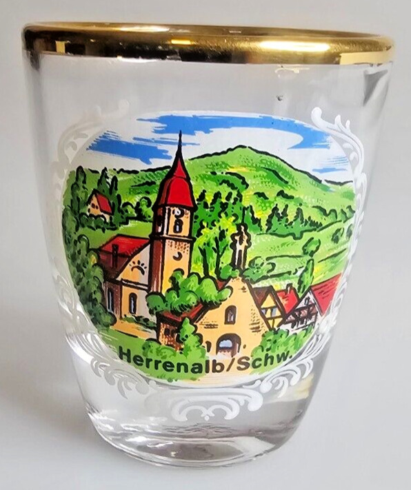 Vintage Germany Herrenalb / Schw. Souvenir Gold Rim Clear Shot Glass VGC