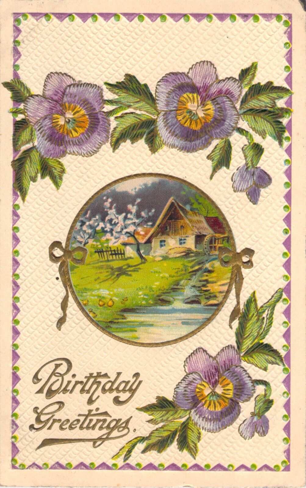 Vtg Postcard Birthday Greetings C1910s Violets Cottage Faux Embroidery Sent 1912
