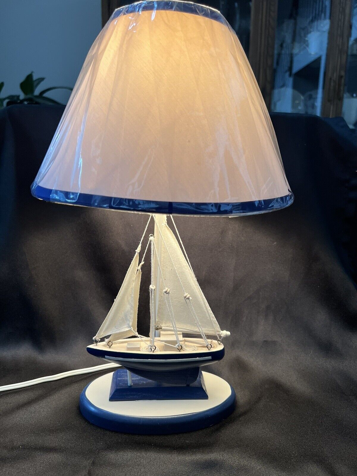 SAILBOAT TABLE LAMP Wood boat White Blue  Nautical Decor