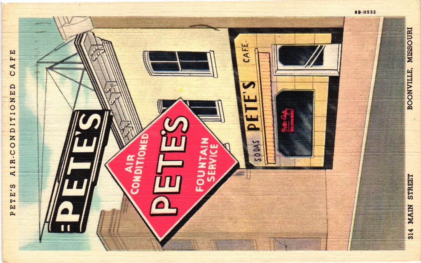 Vintage Postcard- H532. PETE\'S CAFE BOONVILLE MO. Posted 1952