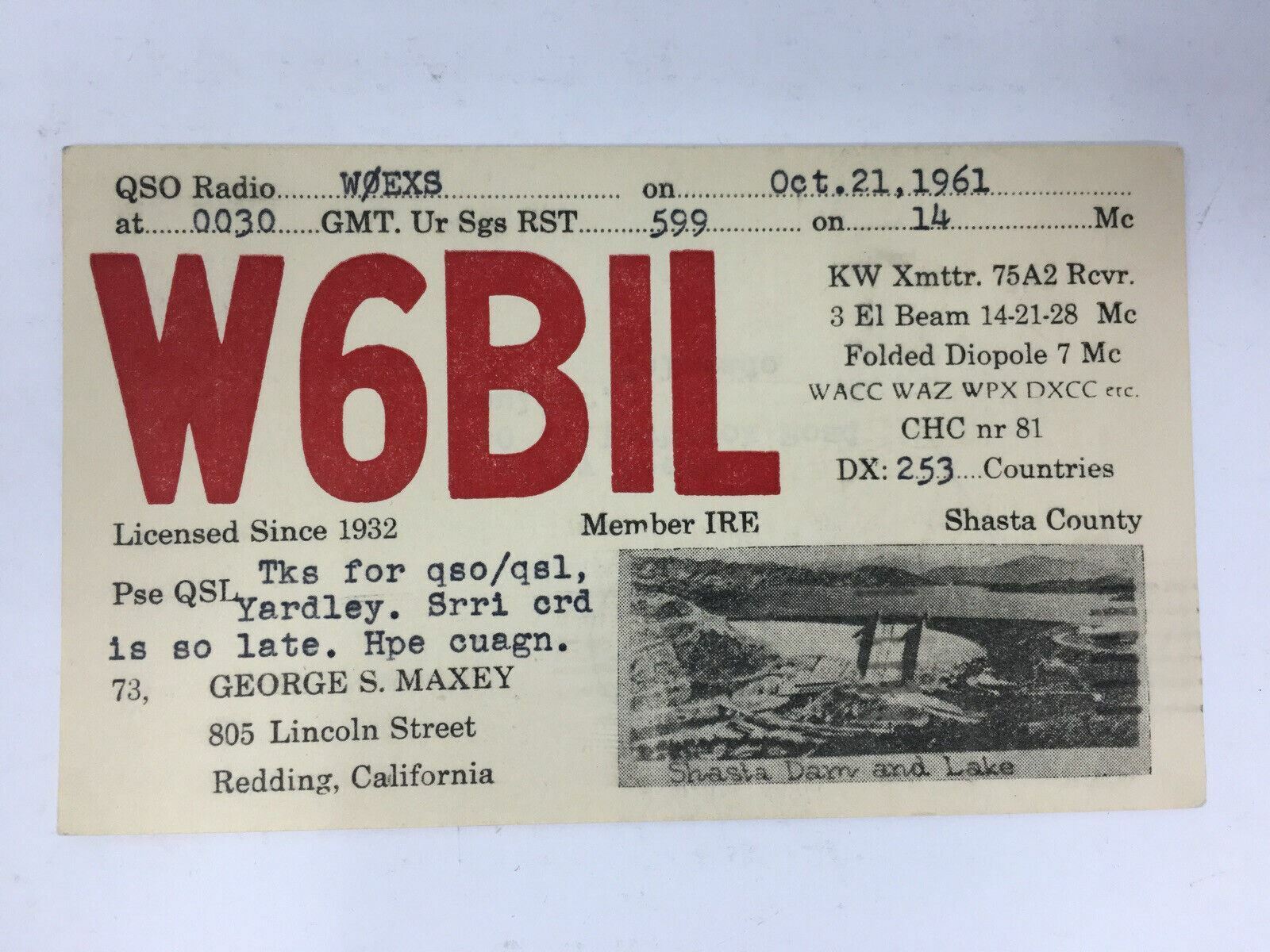 1961 QSL Ham Radio Card Shasta County Dam & Lake Photo Redding Calif