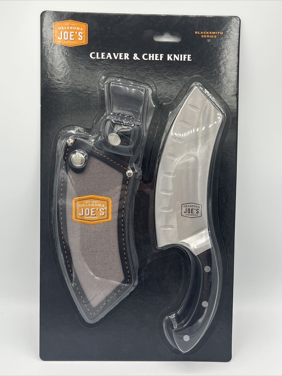 Oklahoma Joe\'s Blacksmith Cleaver & Chef Knife with Holster,Silver/Black