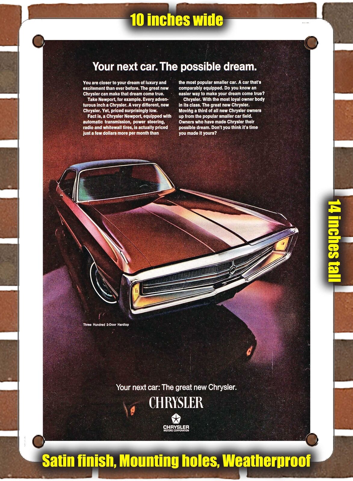 METAL SIGN - 1969 Chrysler Three Hundred 2 Door Hardtop 2 - 10x14 Inches