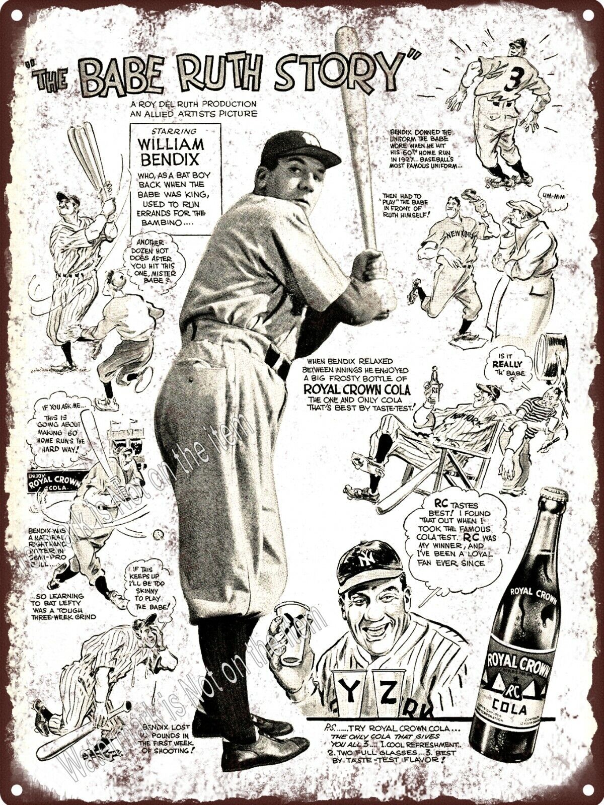 1948 RC Cola Bottle The Babe Ruth Story Metal Sign 9x12\