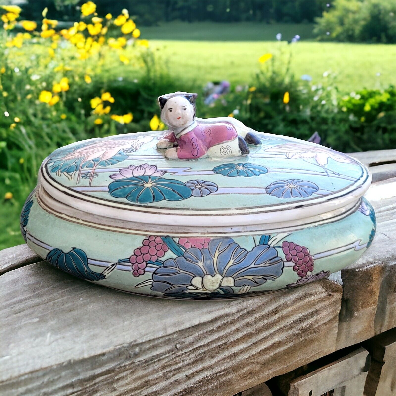 Chinese Ceramic Floral Bird Oval Lidded Dish Trinket Box