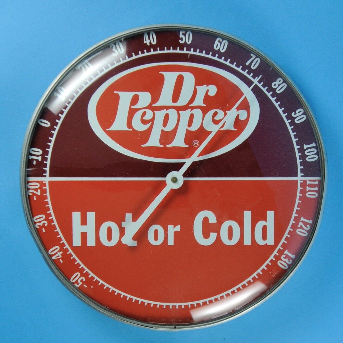 VINTAGE DR PEPPER HOT OR COLD 12” METAL THERMOMETER GLASS FACE FAHRENHEIT 