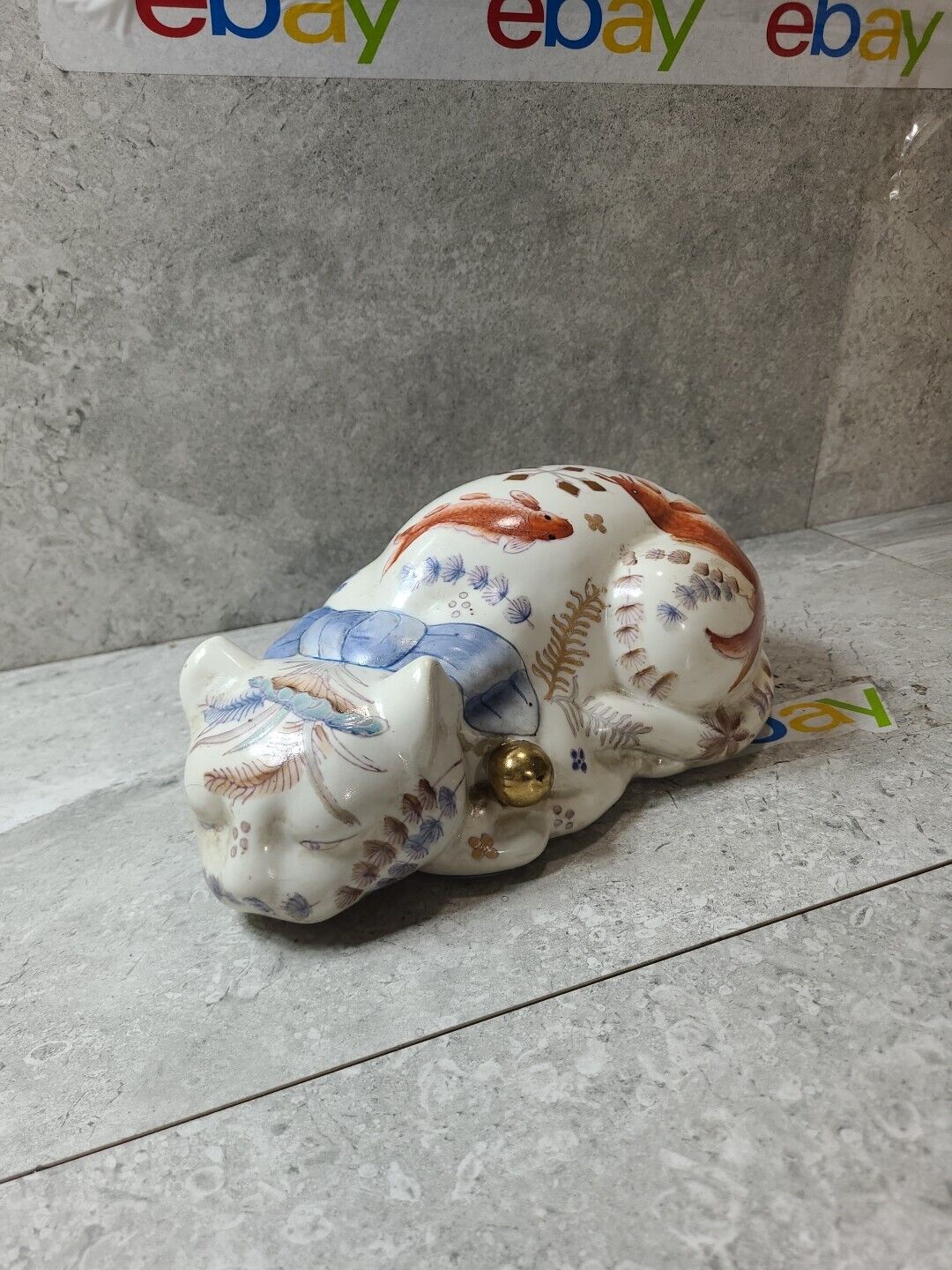 9' Kutani Sleeping Cat Chinoiserie Grannycore Japanese Porcelain Hand Painted