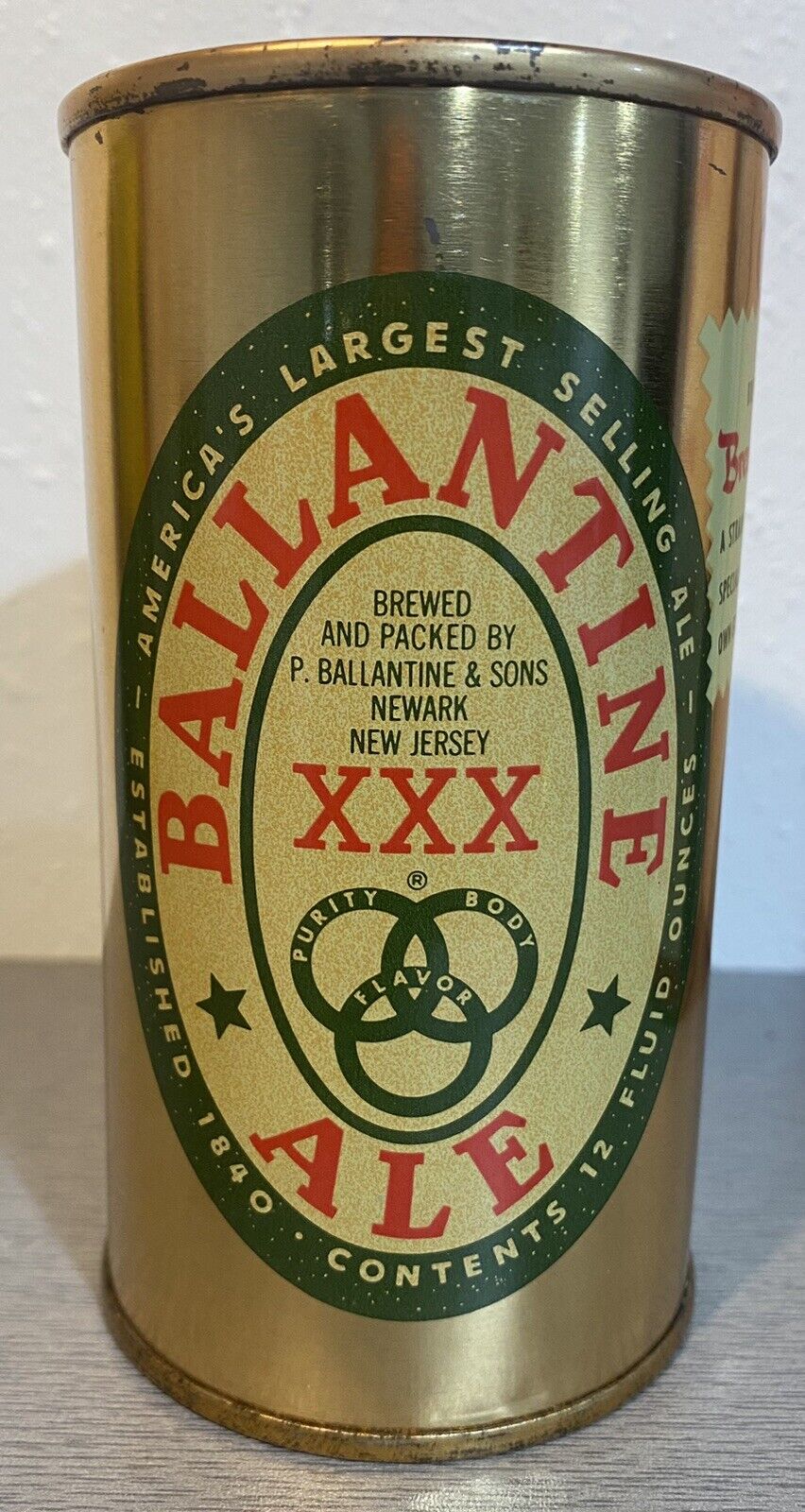 Ballantine XXX Ale Brewed With Brewers Gold Flat Top Beer Can Minty Wow