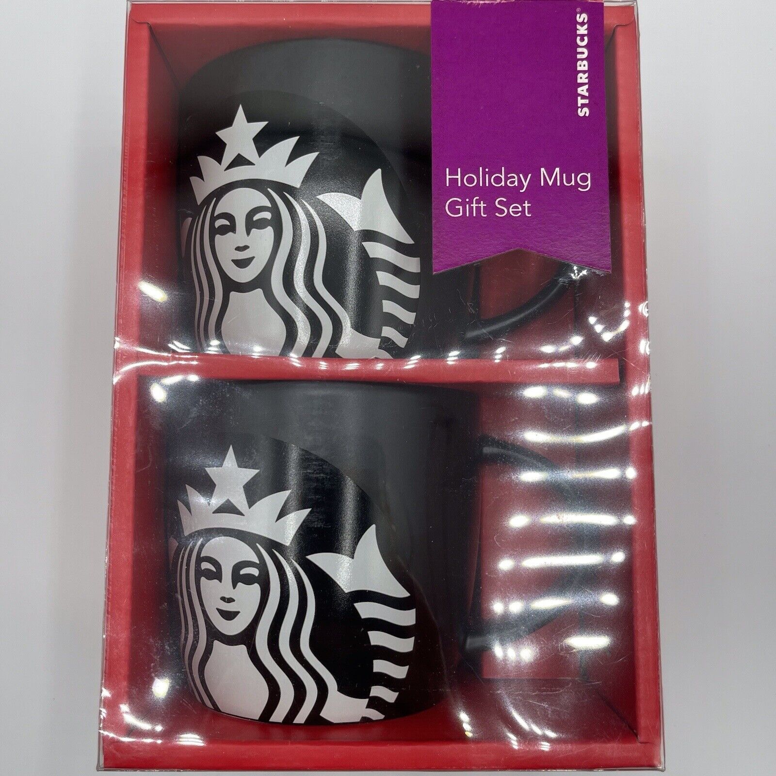 Starbucks Holiday 2 Black Mugs Gift Set 14 Oz Ceramic White Siren Logo Mugs NIB