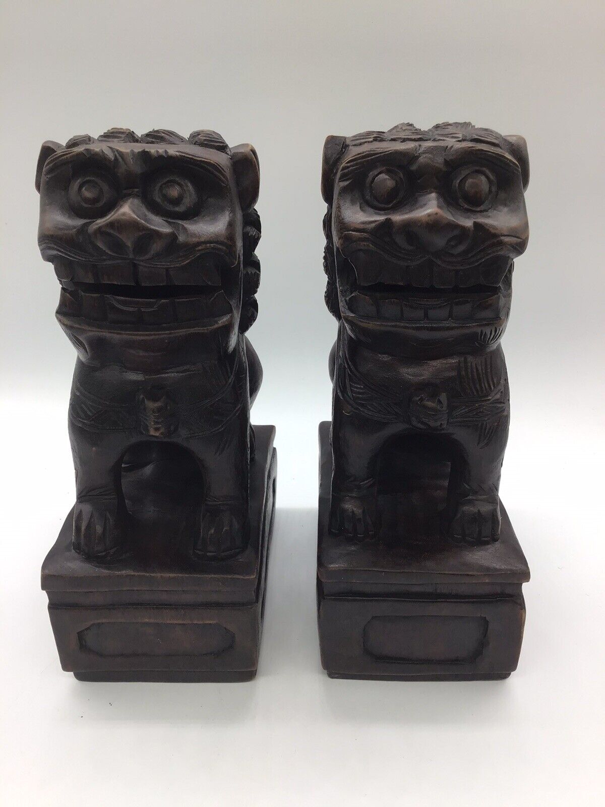 Vintage Hand-Carved “Ball In Mouth”Foo Dog Bookends (8 In Tall X 4.5 X 3 In)