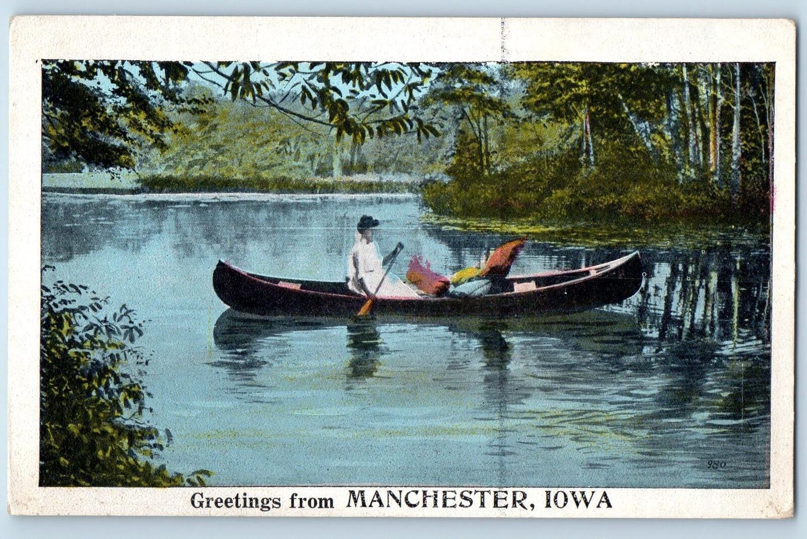 Manchester Iowa IA Postcard Canoeing On Lake Trees Scenic View c1920s Antique
