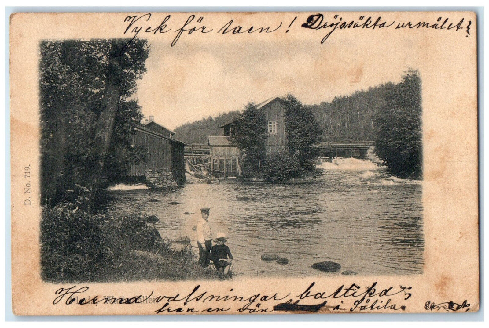 c1905 Waterfall Flood Boy and Girl Bridge View Sweden Posted Antique Postcard