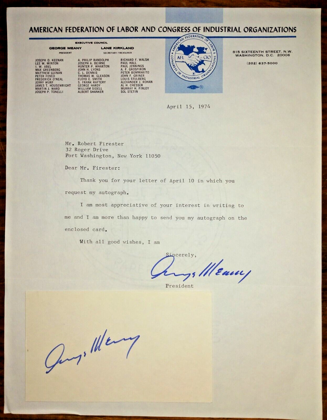 AFL - CIO President George Meany Autograph ~ Signed  Card & 1974 AFL-CIO Letter
