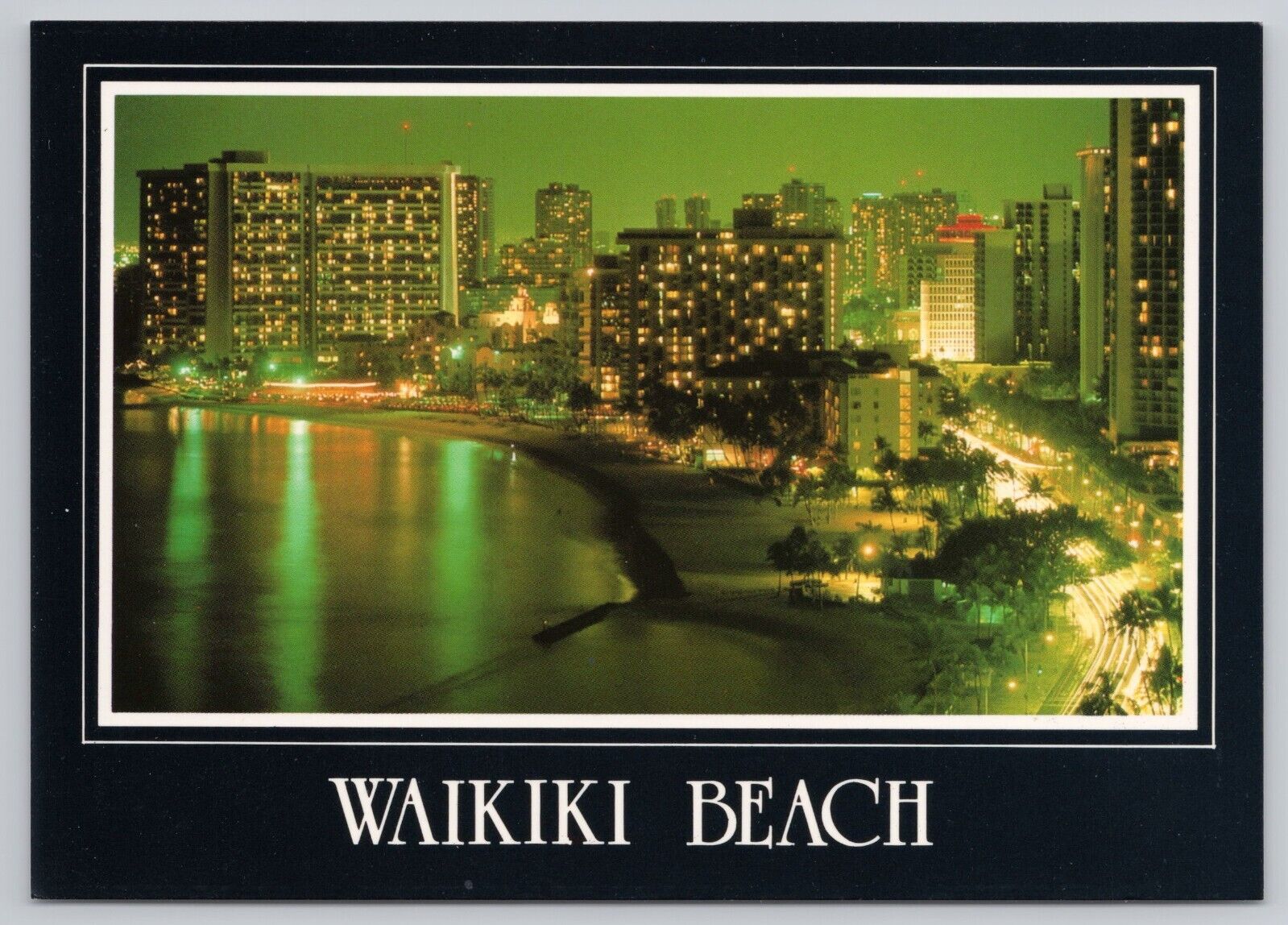 Honolulu Hawaii, Waikiki Beach Hotels at Night, Vintage Postcard