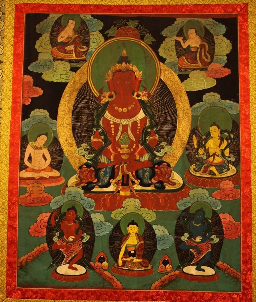 Wonderful Vintage Tibet Tibetan Old Buddhist Amitayus Thangka Tangka Silk Framed