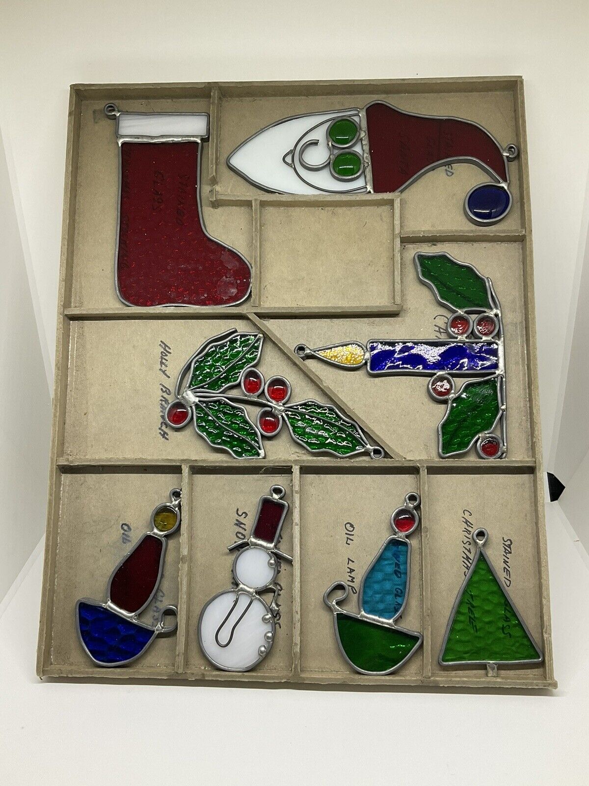 8 Vintage Stained Glass Christmas Ornaments Suncatchers W/custom Storage Trey