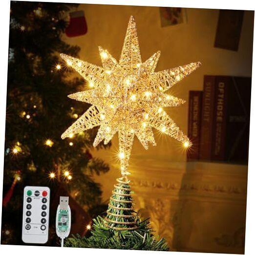  Christmas Tree Topper Star, 3D Lighted Tree Topper with 8 D-gold Exploding